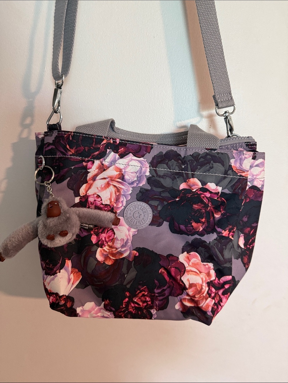 Kipling Purple Floral Crossbody with Pink Rose Accents